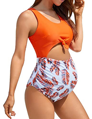 Routefuture Maillots de Bain de Maternité Une Pièces à Imprint Plumes Maillots de Bain 1 Pièces Bandeau Push Up Licou Grossesse Enceintes Tankini Triangle Bas de Bikini de Plage,Orange,S