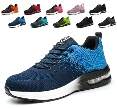 Hitopteu Scarpe Antinfortunistiche Uomo Donna Leggere Estive Scarpe da Lavoro con Punta in Acciaio Traspiranti Scarpe Sicurezza Sportive Antiscivolo Blu 41 EU 255