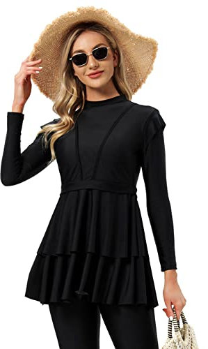 OBEEII Muslimische Bademode für Frauen Modest Solid Color Bademode Islamische Bademode Hijab Burkini Tankini Bademode, 3-teiliger Muslimischer Badeanzug für Frauen Schwarz 2XL