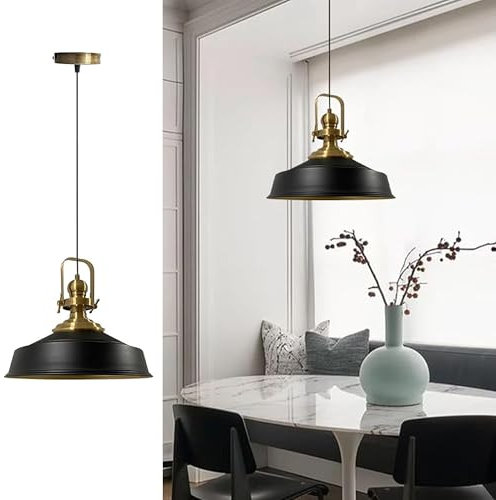 bamyum Asletl Pendelleuchte Schwarz Gold Metall Ø40 cm, Küchenlampe Hangend, Hängelampe Esstisch Vintage E27, Wohnzimmerlampe Industrial