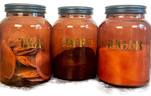 Darthome Tea Coffee Sugar Jars Amber Glass Set Of 3 Kitchen Storage Canisters Black Lids