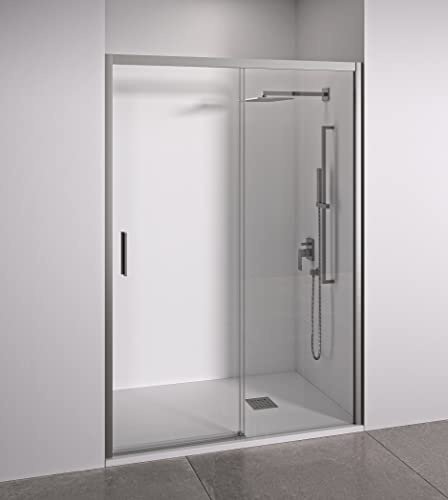 Mampara de ducha frontal 1 corredera + 1 fijo - sin perfilería inferior - Cristal transparente templado 6mm antical - Plata Brillo - Ancho adaptable 125 a 130cm - Posición puerta izquierda - Alt 195cm