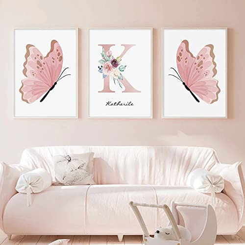Youihom 3 Affiche Chambre Fille Papillon Florale Decoration Murale 30x40cm Poster Chambre Rose Blanc Tableau Prenom Toile Enfant Bébé Cadeau sans Cadre