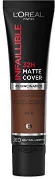 L'Oréal Paris Infaillible 32H Matte Cover Foundation 380, langanhaltendes flüssig-Make-up mit neutralem Unterton, hohe Deckkraft, Formel mit 4% Niacinamiden, wasser- und wischfest, 1 x 30ml