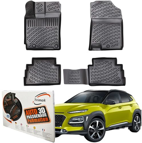 Trimak Passgenau 3D Fussmatten Auto Kompatibel mit Hyundai Kona Benzin und Diesel ab 2017 Auto Zubehör 1. Und 2. Reihe Gummimatten Autos TPE Allwetter Geruchlos rutschfest Vorne und Hinten Schwartz