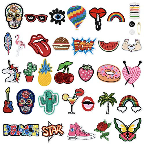 AUAUY 32pcs Iron-on Transfers, Assorted Size Embroidered Iron on Patches, Cute Sewing Applique, DIY Sew Applique Repair Patch, Sew On/Iron On Patch for Jackets, Jeans, Pants, Backpacks, Clothes