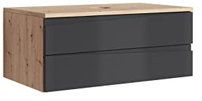 byLIVING Waschtisch Shape/Moderne Bad Kommode/Front Hochglanz Anthrazit / 2 Schubladen mit gefräster Griffleiste/Korpus Melamin Eiche-Optik/Schrank/B 80, H 33, T 47 cm