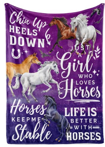 InnoBeta Pferdegeschenke für Mädchen, Pferdedecken für Geburtstag/Weihnachten, 127 x 165 cm, Flanell-Plüsch-Überwurfdecke, Just a Girls Whos Loves Horses, Lila