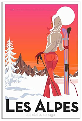 RONGCHENG Alpen Wintersport Skifahren Vintage Reise Poster Leinwand Kunst Zuhause Zimmer Wanddekoration Bild Poster Druck Gemälde Geschenk Poster
