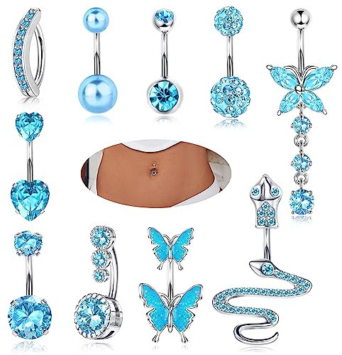 YADOCA 10Pcs 14G Bauchnabelpiercing für Damen Chirurgenstahl Blau Bauch Piercing CZ Schmetterling Schlange Clicker Nabel Ringe Körper Piercing Schmuck