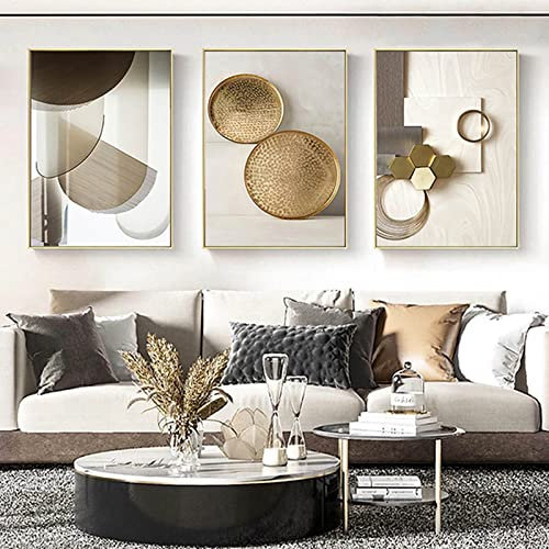 HEHGVCF Abstrakte Marmor Leinwand Bilder Beige Gold Bilder Poster Set Marmor Abstrakte Geometrie Kunstdruck Leinwandbilder 3er Set Kein Rahmen (Geometrie,60x90cm)