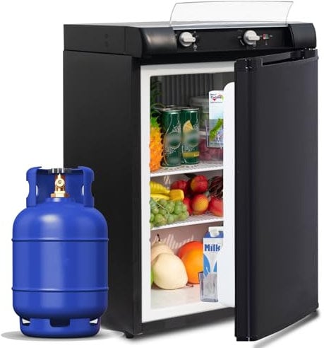 SMETA Gaskühlschrank Camping 60L, 3 Wege Kühlschrank, Kühlschrank Wohnwagen, Camping Kühlschrank 12V/230V/Gas, Mini Kühlschrank für Wohnmobil Van LKW Imbisswagen Leiser Schwarz