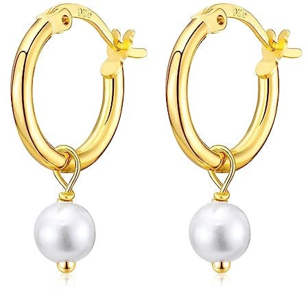 Gold Pearl Drop Hoop Earrings for Women, Sterling Silver Small Huggie Hoop Earrings with Pearl Drop Dangle Cartilage Hoop Earrings Wedding Jewellery Gifts for Ladies Girls