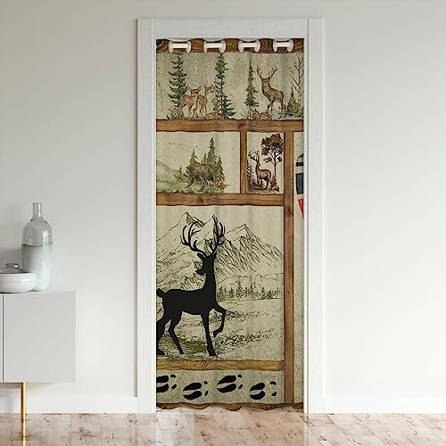 Bauernhaus See Haus Dekor Verdunkelungs Vorhang, Rustikale Jagd Hirsch Türvorhang für Türen Privatsphäre, Retro Wilde Tiere Tür Drape, Wald Kiefer Baum Paddel Plaid Raum Teiler Vorhang 150x203cm