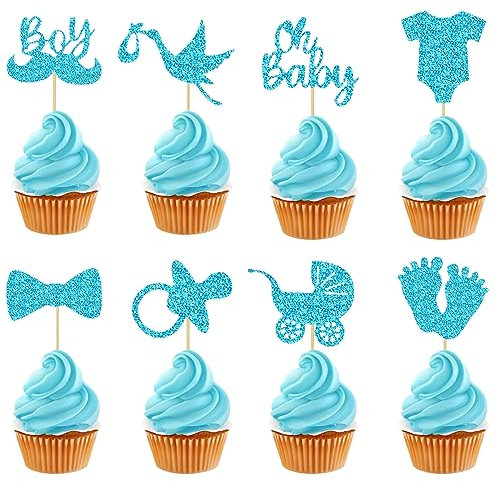 Neodtx It's A Boy Cupcake Topper Baby 32 Stück Babyparty Tortendeko Muffins Deko Boy Or Girl Blue Glitzer Baby Shower Oh Baby Boy junge Gender Reveal Party Party Taufe Dekoration