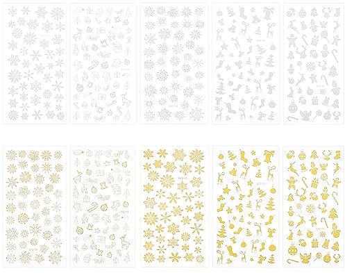 OLYCRAFT 10 Blatt 10 Stile Weihnachtliche Schneeflocken-Aufkleber 3D Nagelaufkleber Schneeflocke Rentier Selbstklebende Aufkleber Golden Silber Aufkleber Heißprägung Abziehbilder Für DIY Scrapbooking