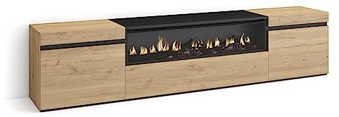 Skraut Home | TV-Schrank, Lowboard | für Wohnzimmer und Esszimmer | 200x45x35cm | Für TV-Geräte bis zu 80 | Elektrokamin. Maße | Moderner Stil | Eiche Schwarz