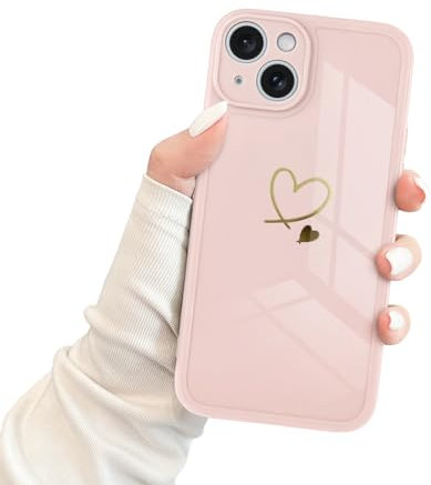 Newseego Case for iPhone 15, Cute Gold Love Heart Pattern Design iPhone 15 Phone Case for Women Girls Soft Slim Flexible Silicone Shockproof Camera Protection Bumper Cover for iPhone 15-Pink