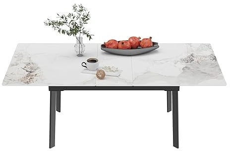 FATIVO Küchentisch ausziehbar Esstisch Marmor, Ausziehtisch Esszimmer 150-180 cm für 6-8 Personen Wohnzimmer Esstisch Hochglanz Tische für Esszimmer mit Schwarze Metallgestell 180x85x79CM smaragd Weiß