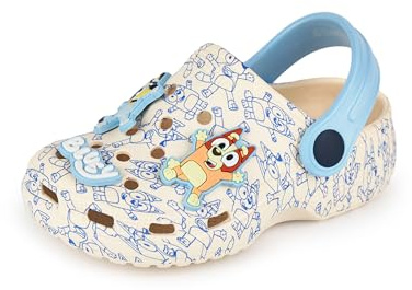BlueY Clogs für Jungen | Kinder-Slipper mit niedlichen Welpen-Anhängern in Braun und Blau | Sandalen mit Allover-Print für drinnen und draußen