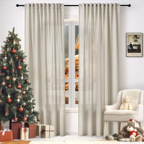 WOLTU Gardine, Schiebegardine für Wohnzimmer Schlafzimmer, mit Kräuselband, Leinenoptik, Halbtransparent Voile modern, 135 x 245 cm, Sand
