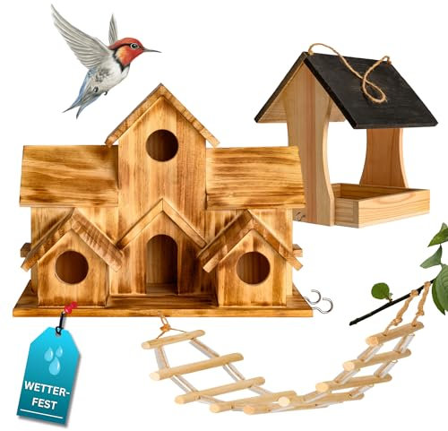 Vogelhaus-Box von growpile grosses Vogelhaus mit 5 Nistplätzen und Kleiner Leiter und einem Vogelfutterhaus für Streufutter aus Natur-Holz für Gartenvögel, wetterfest, naturbelassen
