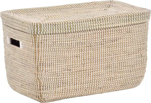 Handgearbeiteter Seegras Dekokorb mit Deckel zur Aufbewahrung Flechtkorb Truhe Natur mit weißen Wicklungen Rund Box (Hell Natur, Truhe 57x33x35cm)
