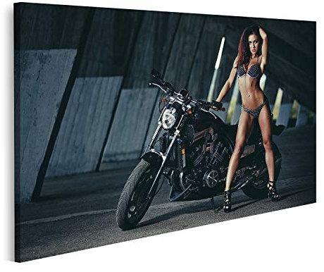 islandburner Prime Bild auf Leinwand Sexy Biker Fitness Girl Perfekt Schlank Körper Schwarz Motorrad Leder Bilder Wandbilder Poster