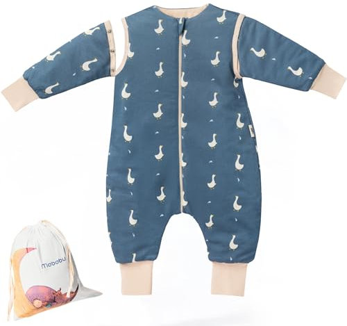 Mababu Ganzjahres Baby Schlafsack mit Füßen & abnehmbaren Ärmeln - 1.5 TOG - 100% GOTS Bio-Baumwolle - Ganzjähriger Kinderschlafsack mit Füßen- umklappbare Bündchen - Goose Dream, 70cm