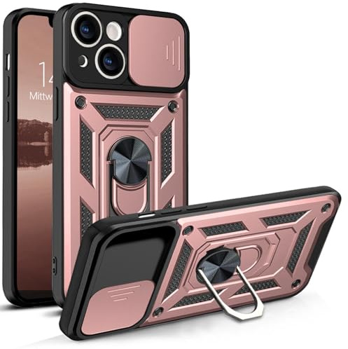 LBH Armor Hülle kompatibel mit Apple iPhone 13 Case mit Kameraschutz Outdoor Stoßfest Handyhülle 360 Grad Metal Ring Halter Ständer Schutzhülle für Handyhalterung Auto Magnet Rosegold