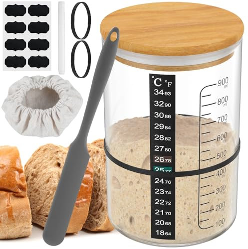 Sauerteig Starter Set 9Pcs mit Glas Holzabdeckung Gummibänder Silikonspatel Thermometerpapier Stoffhut Sauerteig Starter Glas für Brot Desserts