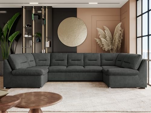 MKS MEBLE Sofa XXL U-Form Grau, Wohnlandschaft Mit Schlaffunktion, Schlafsofa Mit Topper, Wohnzimmer Couch - Comodo U - Dunkelgrau Stukture