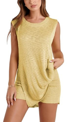 Bestciety Damen-Sommer-Pullover-Set, ärmellos, Strickset, passende Shorts, kurze Sets für Damen, 2-teiliges Set für den Urlaub, gelb, 36