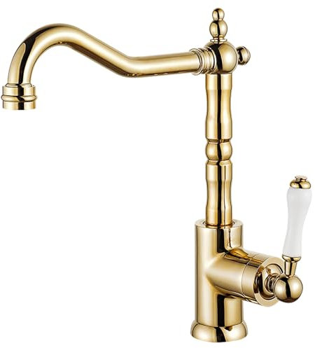 Robinet de Cuisine Antique,Mitigeur Robinet de Cuisine en Laiton,Robinetterie de Lavabo Salle de Bain,Rotatif à 360 °,Mitigeur Chaud et Froid (Or)