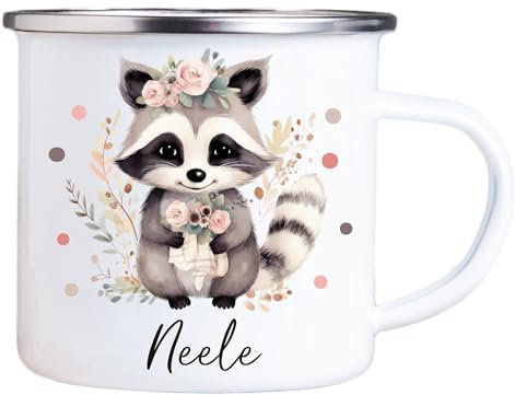 4youDesign Emaille Tasse Kinder personalisiert – Punkte Waschbär – Tier Namenstasse – Geschenk für Jungen & Mädchen – Bruchsicher & Leicht – Geschenkidee zur Einschulung & Geburtstag - 300ml