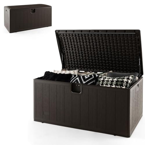 HOMASIS 492L Auflagenbox wetterfest, XXL Gartenbox aus HDPE, abschließbar Aufbewahrungsbox mit Deckel & Griffe, Kissenbox Kissentruhe Auflagentruhe Gartentruhe Terrassenbox Outdoor, 127x73x64cm, Braun