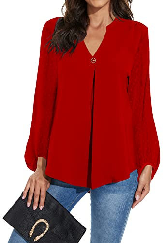 Magritta Womens Blouse Ladies V Neck Long Sleeve Shirt Plus Size Tunic Tops Chiffon Oversized Fashion Work Blouse Red XX-Large