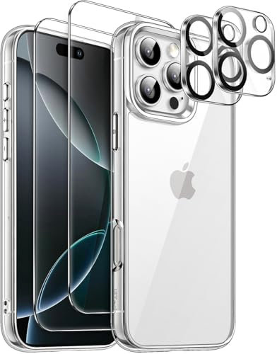 JETech 5 in 1 Case for iPhone 16 Pro Max 6.9-Inch with 2 Pack Each Tempered Glass Screen Protectors and Camera Lens Protectors, Non-Yellowing Shockproof Bumper Phone Cover (Clear)