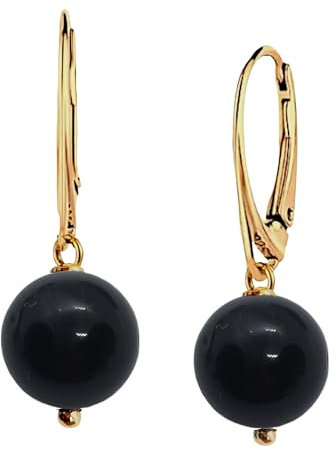 I.L.U.S 18 K Vergoldete Damen Ohrringe Silber 925 Schwarzer Stein Anhänger Edelstein Perlen Ohrringe Gold Hängend Kugeln Kristall 12mm Schwarzer Damen Schmuck Gold