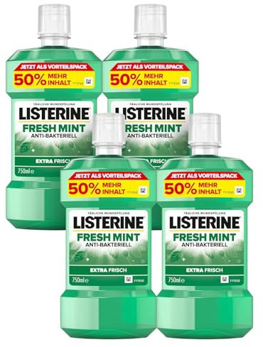 LISTERINE Fresh Mint (4 x 750 ml), antibakterielle Mundspülung mit ätherischen Ölen für einen frischen Atem, Mundwasser reduziert wirksam Zahnbelag und Mundgeruch