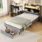 Polsterbett 90x200 cm, Einzelbett mit Schublade & Lattenrost, LED Stauraum-Kopfteil Bett mit Staufach und USB-Ladefunktion, Stauraumbett Funktionsbetten Rückenlehne Bettgestell, Grau, Ohne Matratze