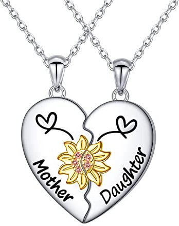 HOOHWE Mutter und Tochter Kette 925 Sterlingsilber Sonnenblumen Herz Anhänger Halskette für Frauen Schmuck Geschenke für Mama und Tochter
