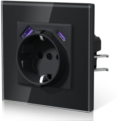 BSEED Enchufes con 20W USB y Tipo C,Enchufe Pared con Cristal,Carga Rápida,Instalación Con Garfio,E-Serie,1 Enchufe con 20W USB y Tipo C,86mm Negro