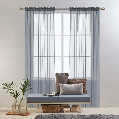 GAIFNAG Gardinen Kurz Vorhang Stores Gardine 130 x 100 cm Transparent Wohnzimmer Luftig Dekoschal, Waschbar, Kürzbar Voile Vorhänge Wohnzimmer für Hotels Büros Wohnzimmer, Hellgrau