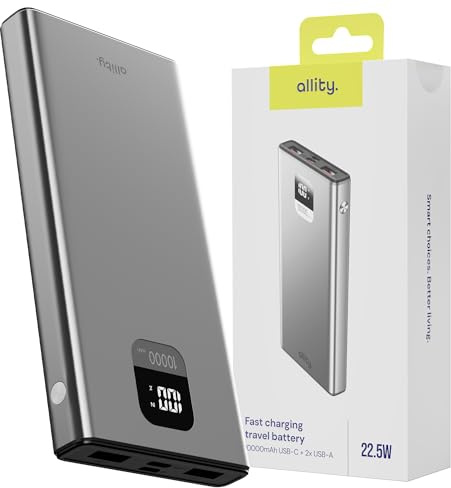 Allity Powerbank 10000mAh, Schnellladung 22,5 W, USB C, PD/QC, 3 Anschlüsse | USB Powerbank mit Anzeige, USB-C, 2 USB-A, 3 Geräte gleichzeitig, 251 g, für Smartphone, Tablet und Kopfhörer unterwegs