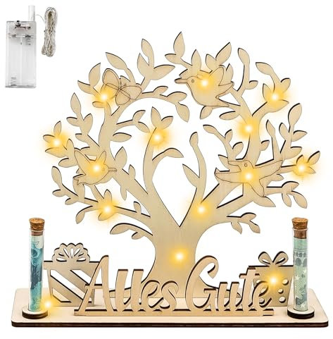 QEEYON Arbre à Argent en Bois avec Guirlande Lumineuse LED, Cadeau d'Arbre de Vie, Décoration d'Arbre de Vie Bois, Cadeau de Mariage, Cadeau D'Anniversaire, Emballage pour Jeunes Mariés