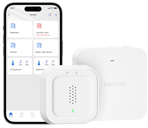 Meross Détecteur de Fuite d'eau Connecté avec HUB MSH400 | Capteur de Fuite d'eau Wi-FI IP66 et 100 DB | Compatible avec Apple Home et Alexa et Google Home | pour la Cuisine, Salle de Bains et Cantine