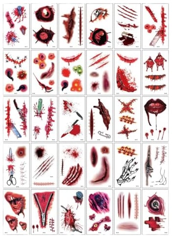 LQIOACU 30 Stück Blatt Halloween Tattoo Stickers,Halloween Narbe Temporäre Blutige Wunde Tattoo Aufkleber, Zombie Makeovers für Vampir Zombie Cosplay Masquerade Prank Makeup Dekorationen