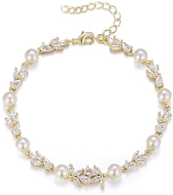 Clearine Pulsera de novia de circonita cúbica para novias, damas de honor, elegante pulsera de perlas de imitación para mujer, joyería de baile