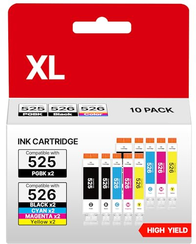 525 526 Multipack Kompatible für Canon Druckerpatronen 526 für Canon 526 | für Canon 526 Multipack für Canon MG 5350 Druckerpatronen MG5150 IP4950 (2PGBK 2Schwarz 2Magenta 2Cyan Gelb, 10er-Pack)